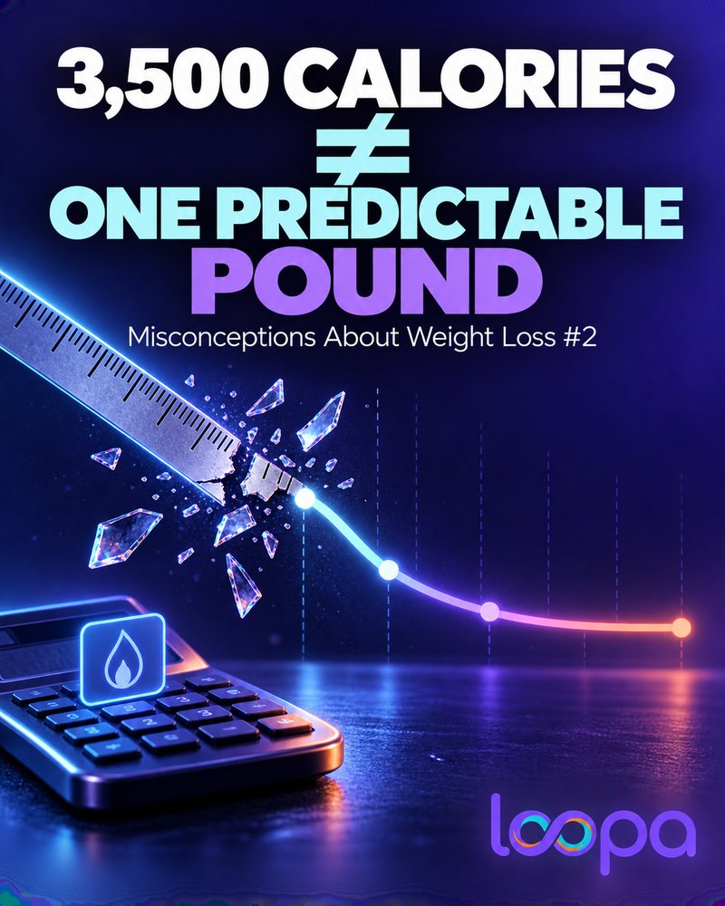 Social graphic headed “3,500 Calories ≠ One Predictable Pound” and “Misconceptions About Weight Loss #2”: a ruler shattering where it meets a glowing weight line that curves and flattens instead of running straight, a calculator in the foreground, and the Loopa wordmark.
