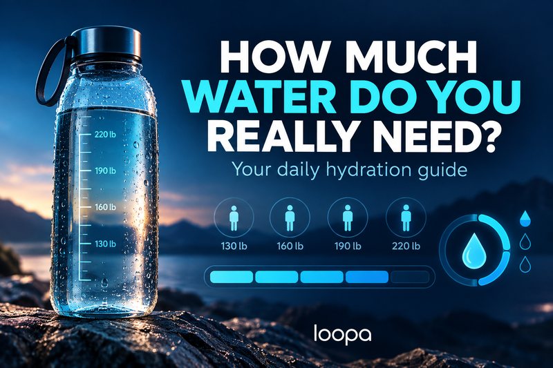 Graphic headed “How Much Water Do You Really Need?” and “Your daily hydration guide”: a clear reusable water bottle beaded with droplets on a rock at dusk, a scale on its side marked 130, 160, 190 and 220 lb, four figure icons with the same weights, a progress bar, a water-drop ring and the Loopa wordmark.
