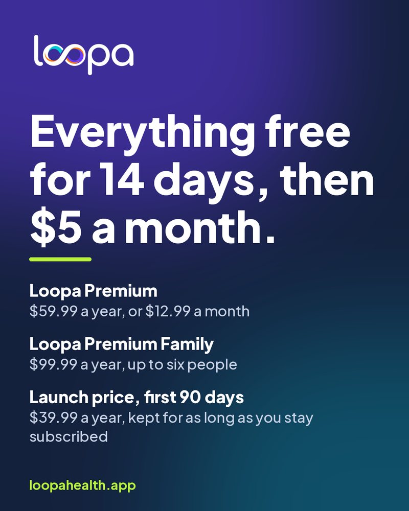 Graphic headed “Everything free for 14 days, then $5 a month.” on a deep purple to teal background with the Loopa wordmark. Below it: Loopa Premium, $59.99 a year or $12.99 a month; Loopa Premium Family, $99.99 a year for up to six people; launch price for the first 90 days, $39.99 a year, kept for as long as you stay subscribed.
