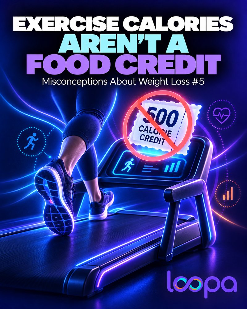Social graphic headed “Exercise Calories Aren’t a Food Credit” and “Misconceptions About Weight Loss #5”: a runner’s legs on a glowing treadmill, a “500 calorie credit” coupon crossed out with a red prohibition sign above the console, and the Loopa wordmark.