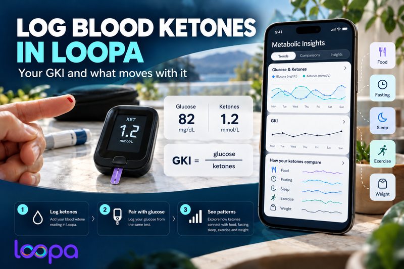 Graphic headed “Log Blood Ketones in Loopa” and “Your GKI and what moves with it”: a finger beside a blood ketone meter reading 1.2 mmol/L, cards showing glucose 82 mg/dL, ketones 1.2 mmol/L and GKI equals glucose over ketones, an illustrated phone screen titled Metabolic Insights with glucose, ketone and GKI charts, icons for food, fasting, sleep, exercise and weight, three steps (log ketones, pair with glucose, see patterns) and the Loopa wordmark.
