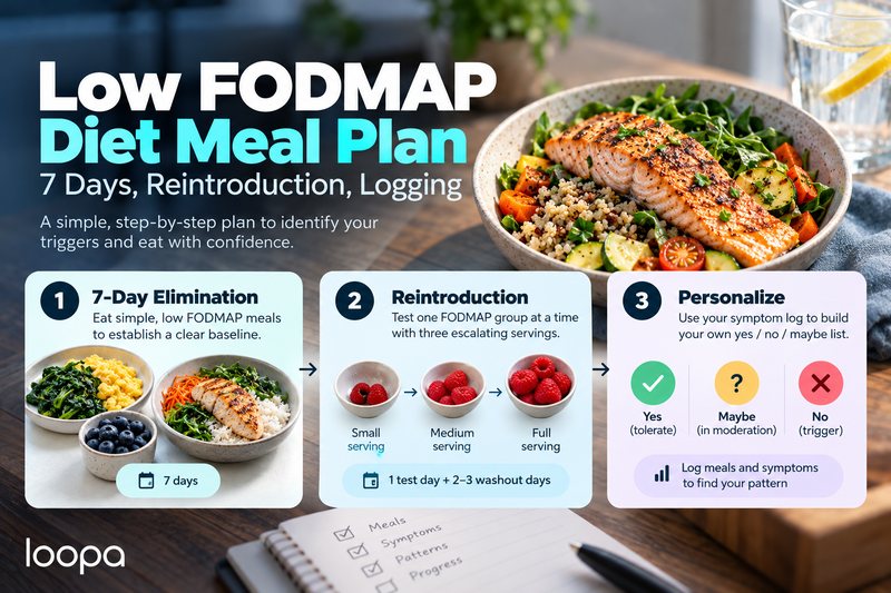 Graphic headed “Low FODMAP Diet Meal Plan: 7 Days, Reintroduction, Logging” over a bowl of grilled salmon, quinoa and vegetables, with three numbered panels. 1, 7-Day Elimination: eat simple, low FODMAP meals to establish a clear baseline, shown as eggs with spinach, blueberries and a chicken rice bowl, labelled 7 days. 2, Reintroduction: test one FODMAP group at a time with three escalating servings, shown as small, medium and full bowls of raspberries, labelled 1 test day plus 2 to 3 washout days. 3, Personalize: use your symptom log to build your own yes, maybe and no list, with a note to log meals and symptoms to find your pattern. The Loopa wordmark sits bottom left.