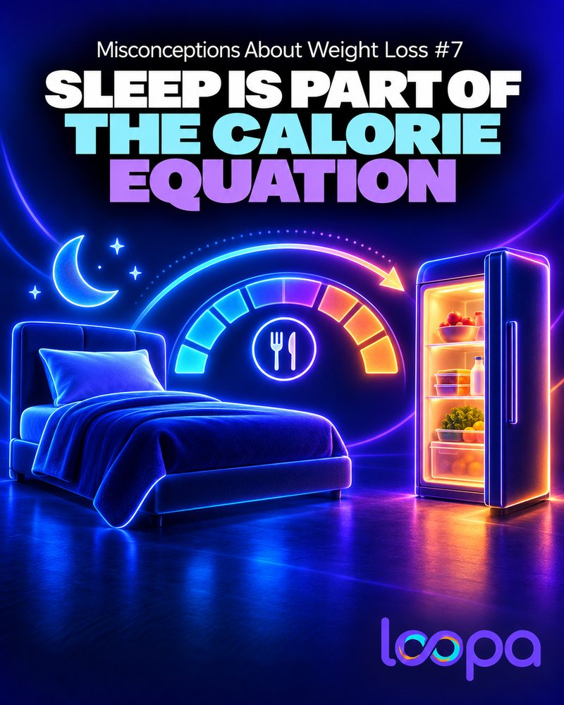 Social graphic headed “Sleep Is Part of the Calorie Equation” and “Misconceptions About Weight Loss #7”: a glowing bed on the left and an open, lit refrigerator on the right, joined by an arrow arcing over a hunger gauge with a fork and knife, and the Loopa wordmark.