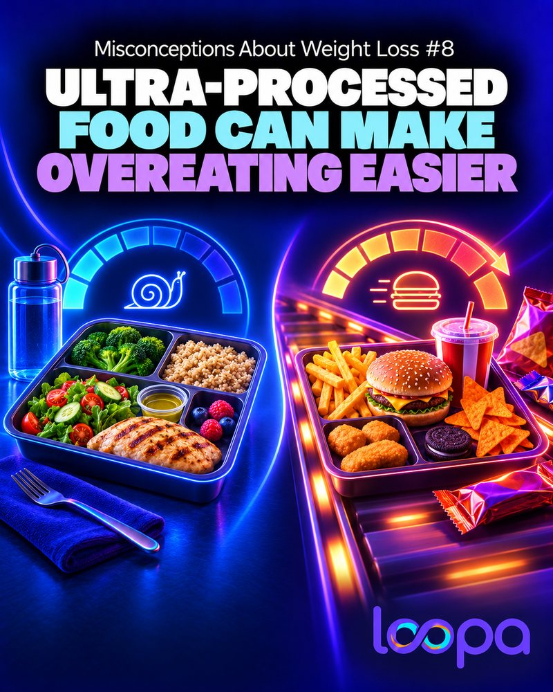 Social graphic headed “Ultra-Processed Food Can Make Overeating Easier” and “Misconceptions About Weight Loss #8”: on the left a tray of grilled chicken, salad, broccoli, grains and berries under a slow gauge with a snail icon; on the right a tray of burger, fries, nuggets, chips and soda on a conveyor under a fast gauge with a burger icon; and the Loopa wordmark.