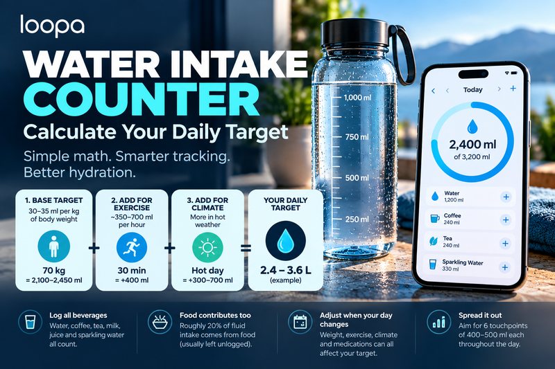 Graphic headed “Water Intake Counter: Calculate Your Daily Target” with the line “Simple math. Smarter tracking. Better hydration.” Four cards add up a daily target: a base of 30-35 ml per kg of body weight (70 kg gives 2,100-2,450 ml), about 350-700 ml per hour of exercise (30 minutes adds 400 ml), more in hot weather (300-700 ml), for an example total of 2.4-3.6 L. Beside them a clear bottle marked 250 to 1,000 ml and a phone showing a ring at 2,400 ml of 3,200 ml with water, coffee, tea and sparkling water entries. Footer tips: log all beverages, food contributes about 20% of fluid, adjust when your day changes, and spread it across six touchpoints of 400-500 ml. The Loopa wordmark sits top left.