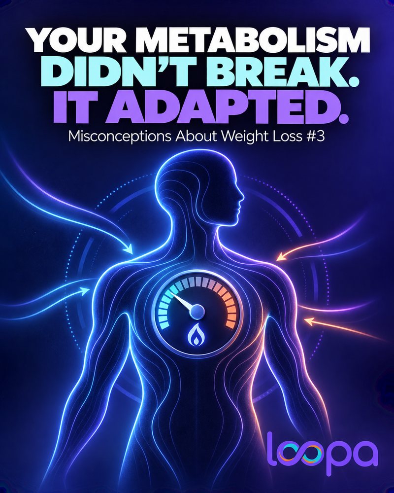 Social graphic headed “Your Metabolism Didn’t Break. It Adapted.” and “Misconceptions About Weight Loss #3”: a glowing outline of a human torso with a gauge and flame icon at the chest, arrows flowing in from both sides, and the Loopa wordmark.