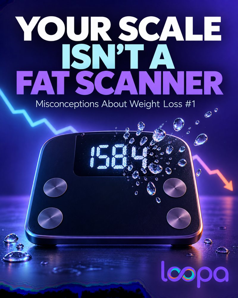 Social graphic headed “Your Scale Isn’t a Fat Scanner” and “Misconceptions About Weight Loss #1”: a black bathroom scale with a glowing digital readout, water droplets splashing off the display, a zigzag trend line falling behind it, and the Loopa wordmark.
