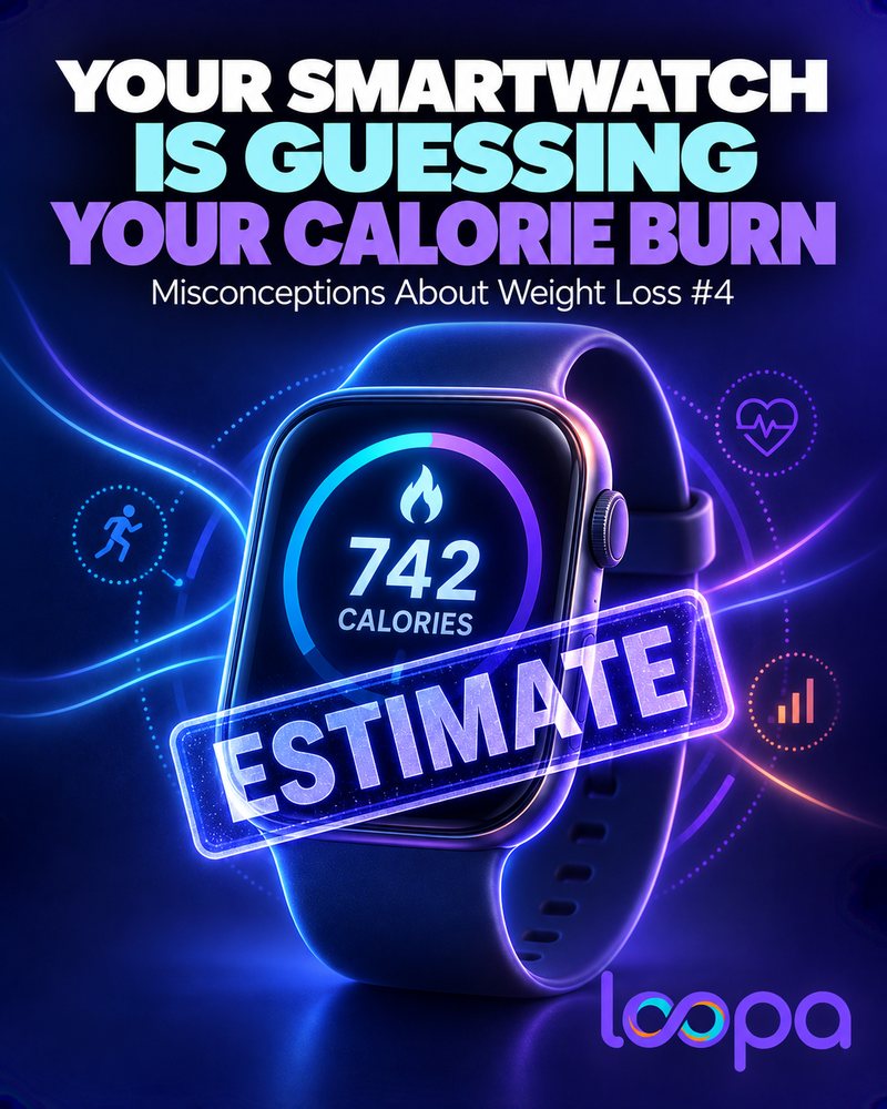 Social graphic headed “Your Smartwatch Is Guessing Your Calorie Burn” and “Misconceptions About Weight Loss #4”: a smartwatch showing 742 calories with a translucent “Estimate” stamp across its face, activity and heart-rate icons around it, and the Loopa wordmark.