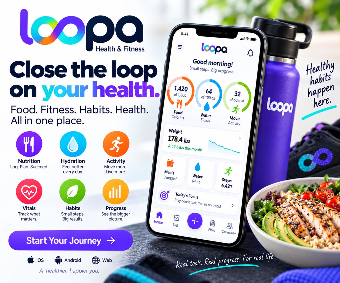 Loopa: food, fitness, habits and health, all in one place. Nutrition, hydration, activity, vitals, habits and progress, on iPhone, Android and the web.