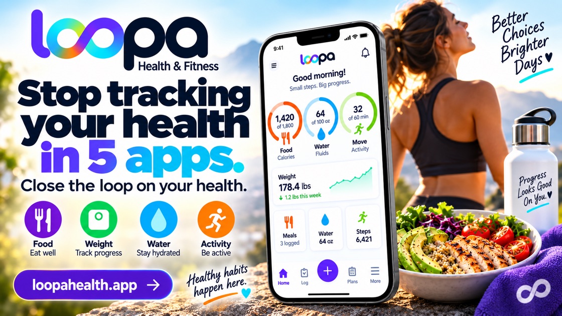 Loopa: stop tracking your health in five apps. Food, weight, water and activity on one home screen, with the day's meals, water and steps below it.
