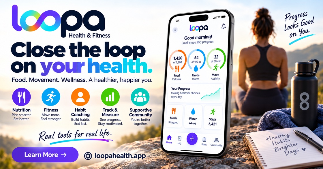 Loopa: close the loop on your health. Food, movement and wellness, with nutrition, fitness, habit coaching, progress tracking and a supportive community.