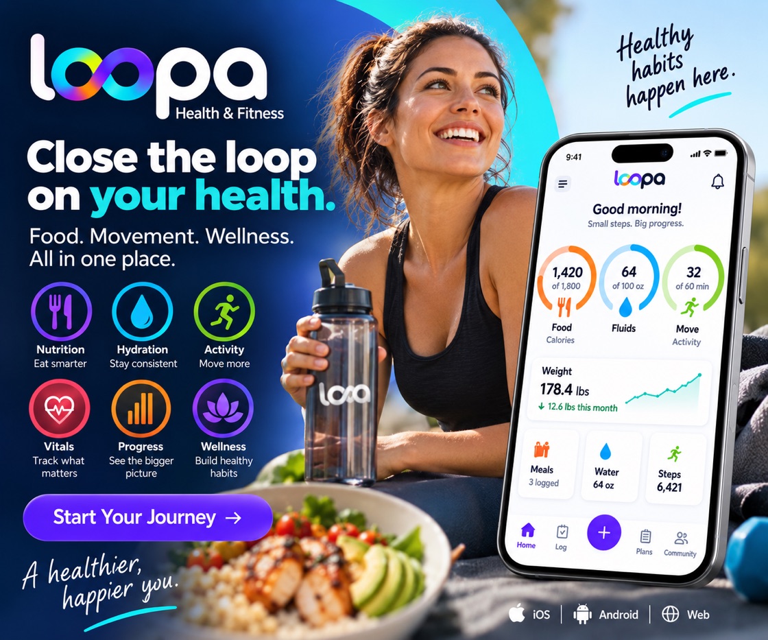 Loopa: food, movement and wellness, all in one place. Nutrition, hydration, activity, vitals, progress and wellness, on iPhone, Android and the web.