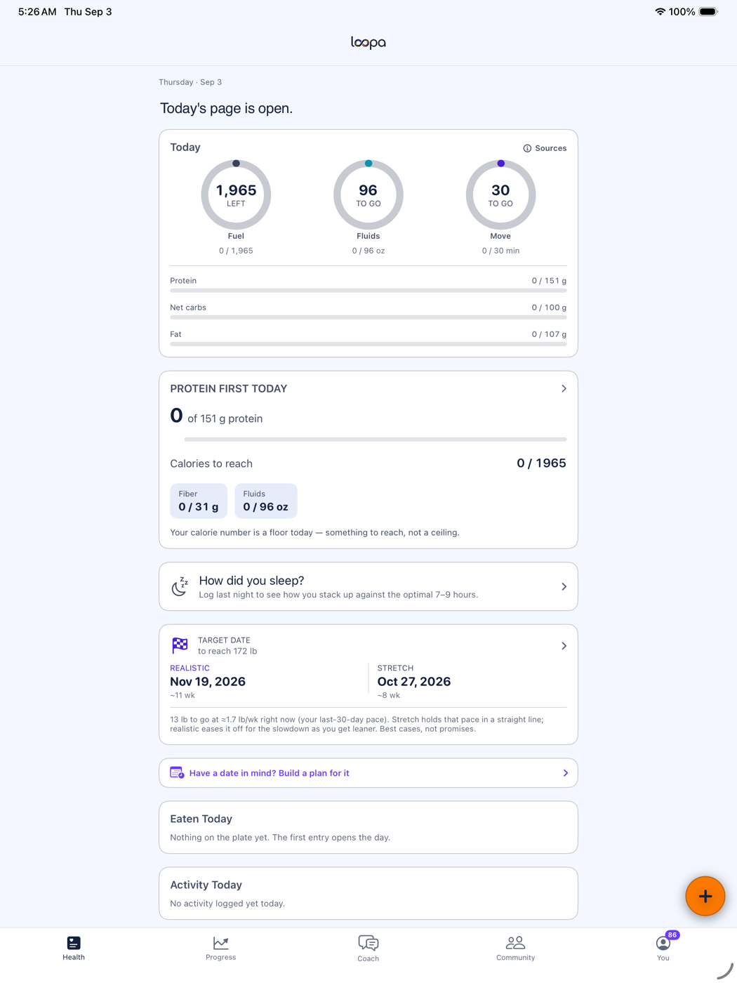 Loopa on iPad: the day's rings, target date, week and weight together