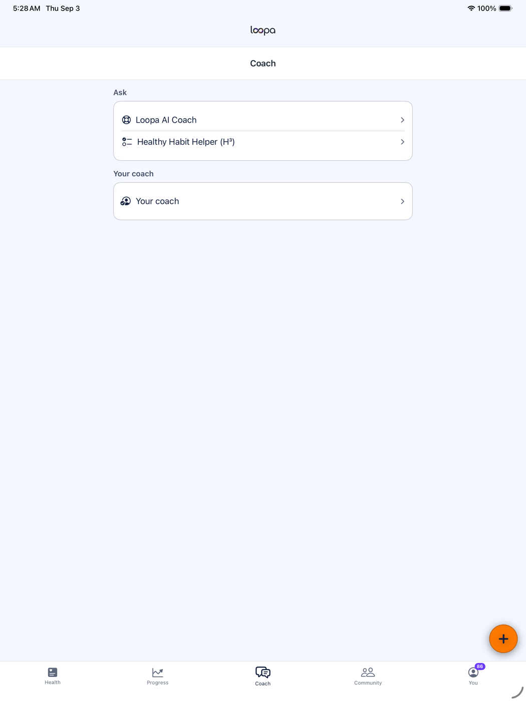 Loopa on iPad: the Help Me coach screen, full width