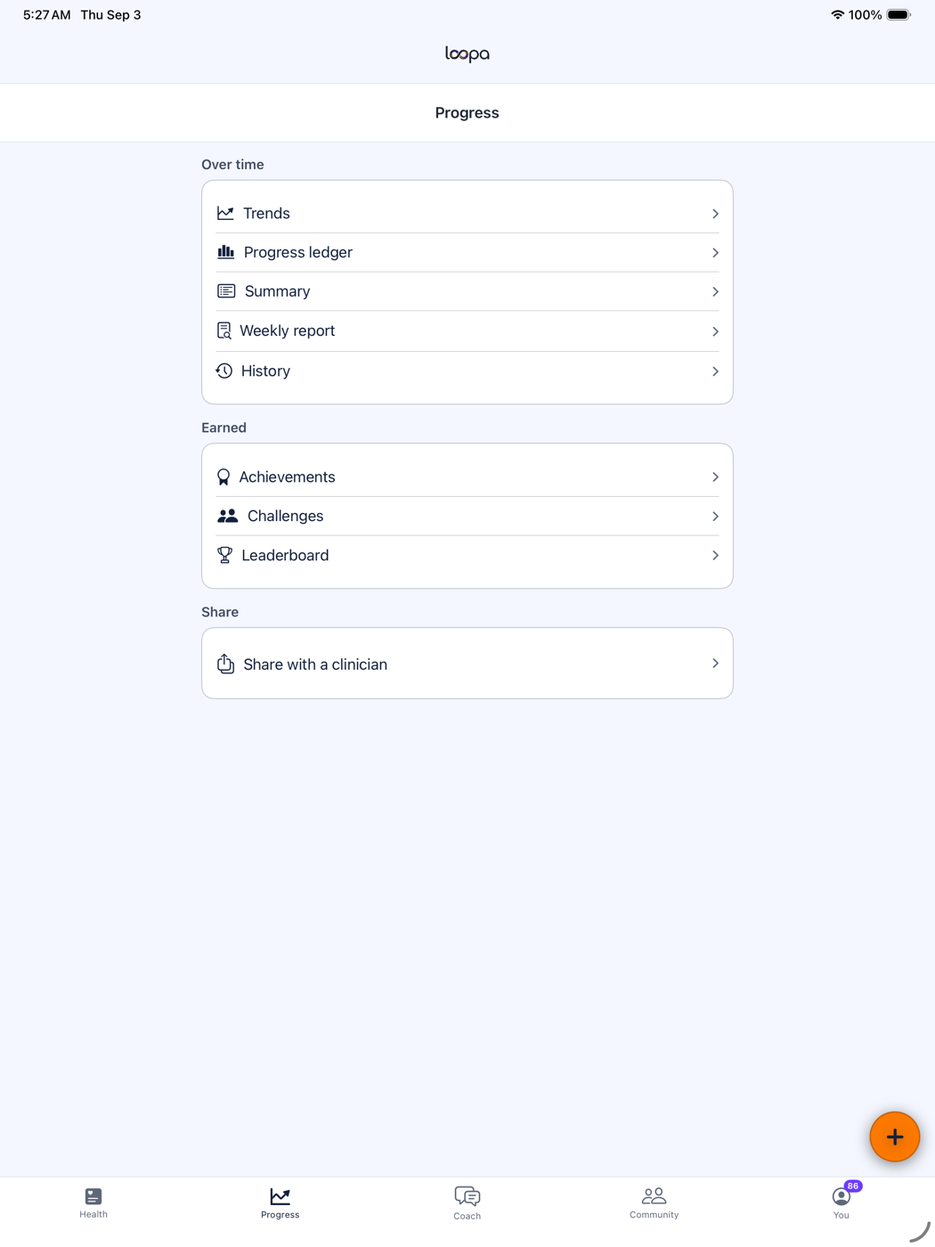 Loopa on iPad: the Progress tab, with trends, summary, weekly report, history, achievements, challenges and the leaderboard