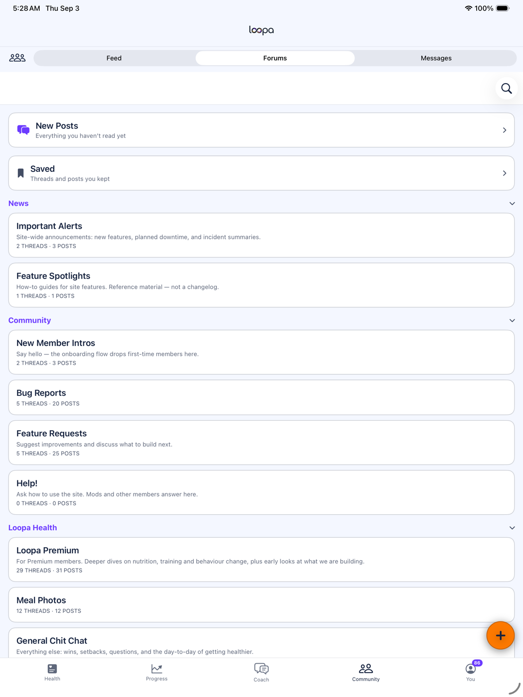 Loopa on iPad: the Community tab, showing the forum list beside the Feed and Messages tabs