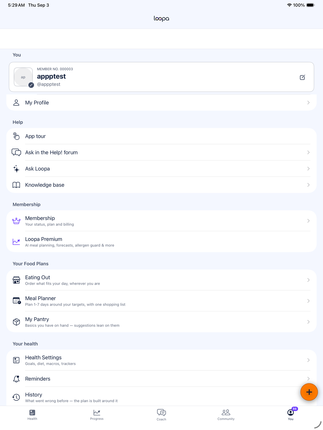 Loopa on iPad: the You tab, with profile, membership, food plans and settings