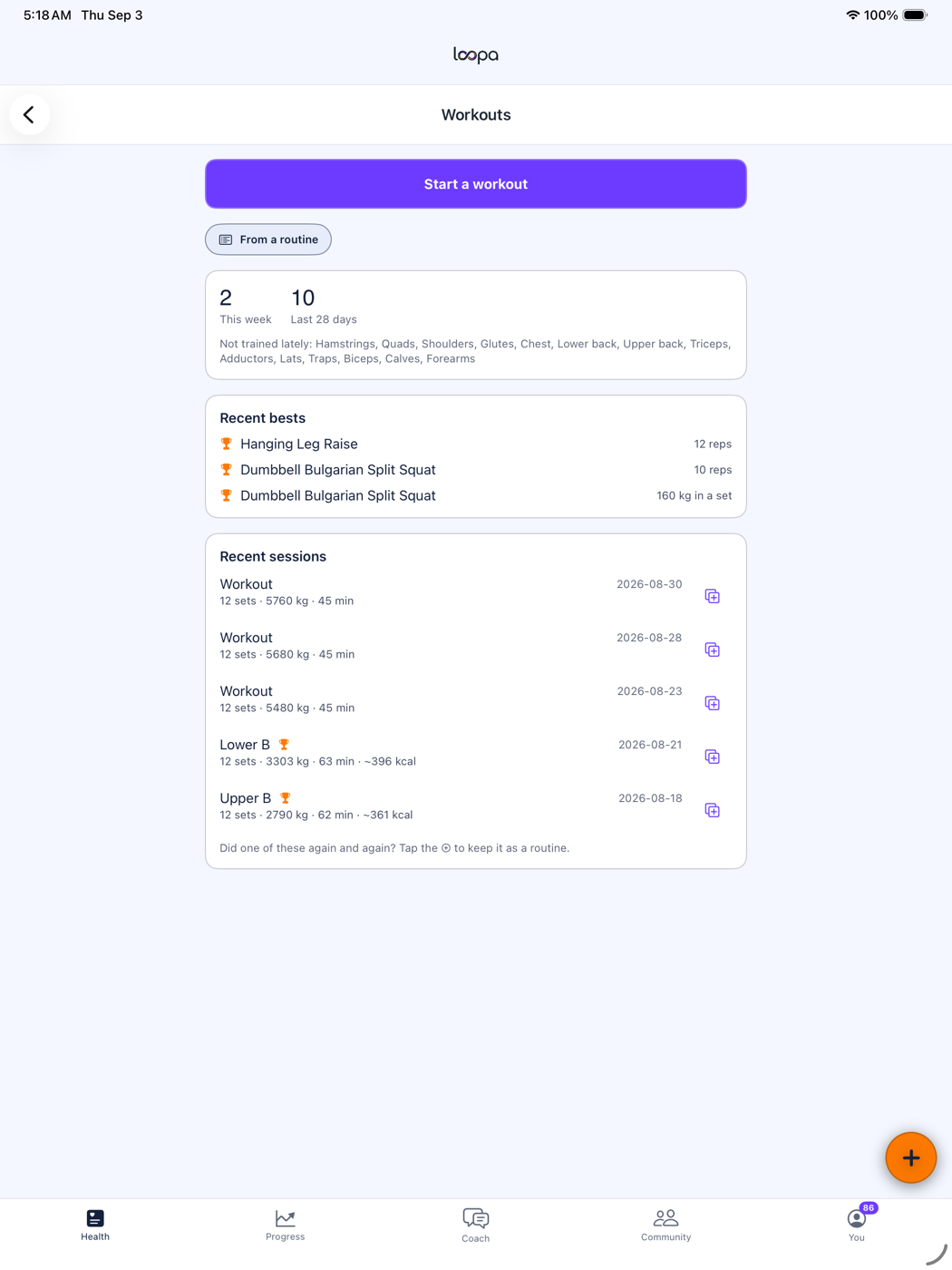 Loopa on iPad: the workouts screen with recent bests and weekly volume