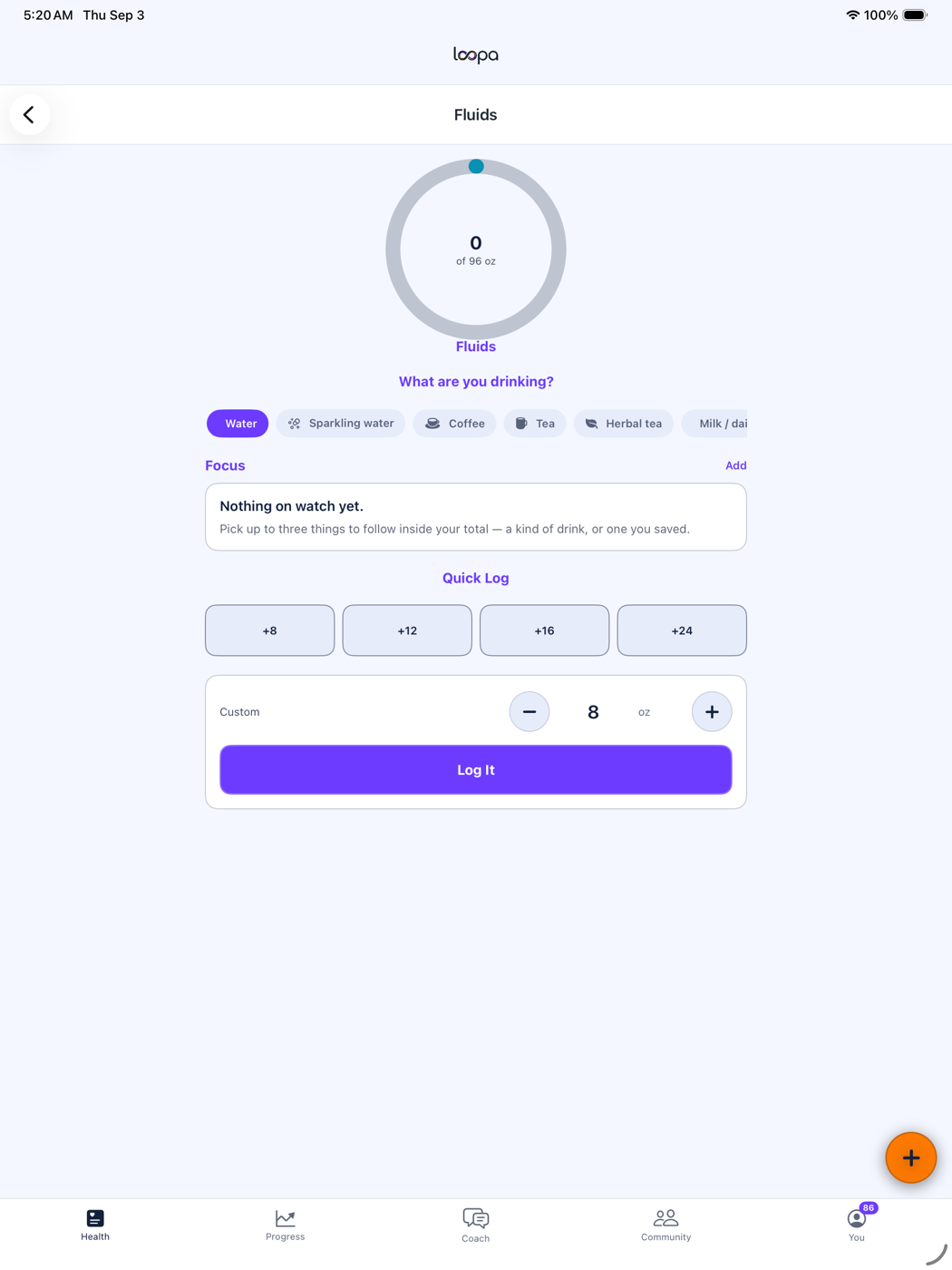 Loopa on iPad: the fluids ring with quick-log amounts