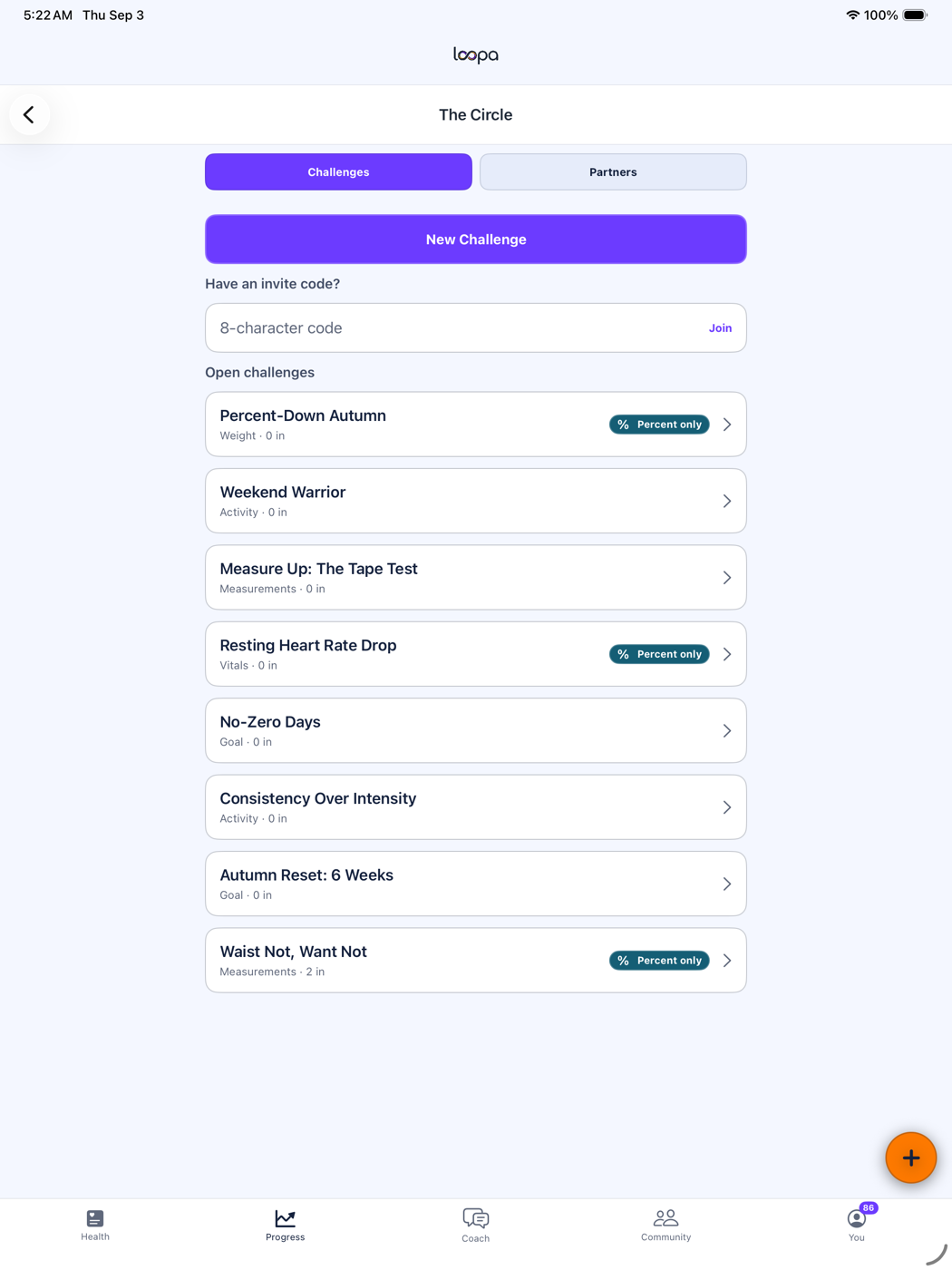 Loopa on iPad: The Circle, with open challenges listed
