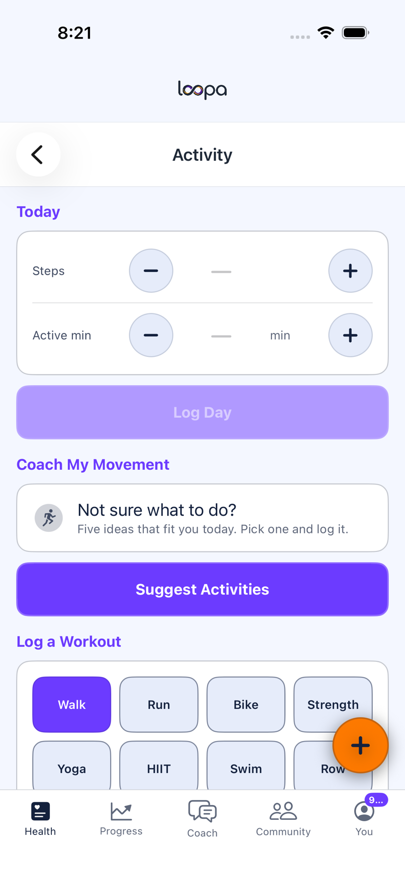 The Loopa activity screen on iPhone, showing logged sessions with their duration and estimated burn