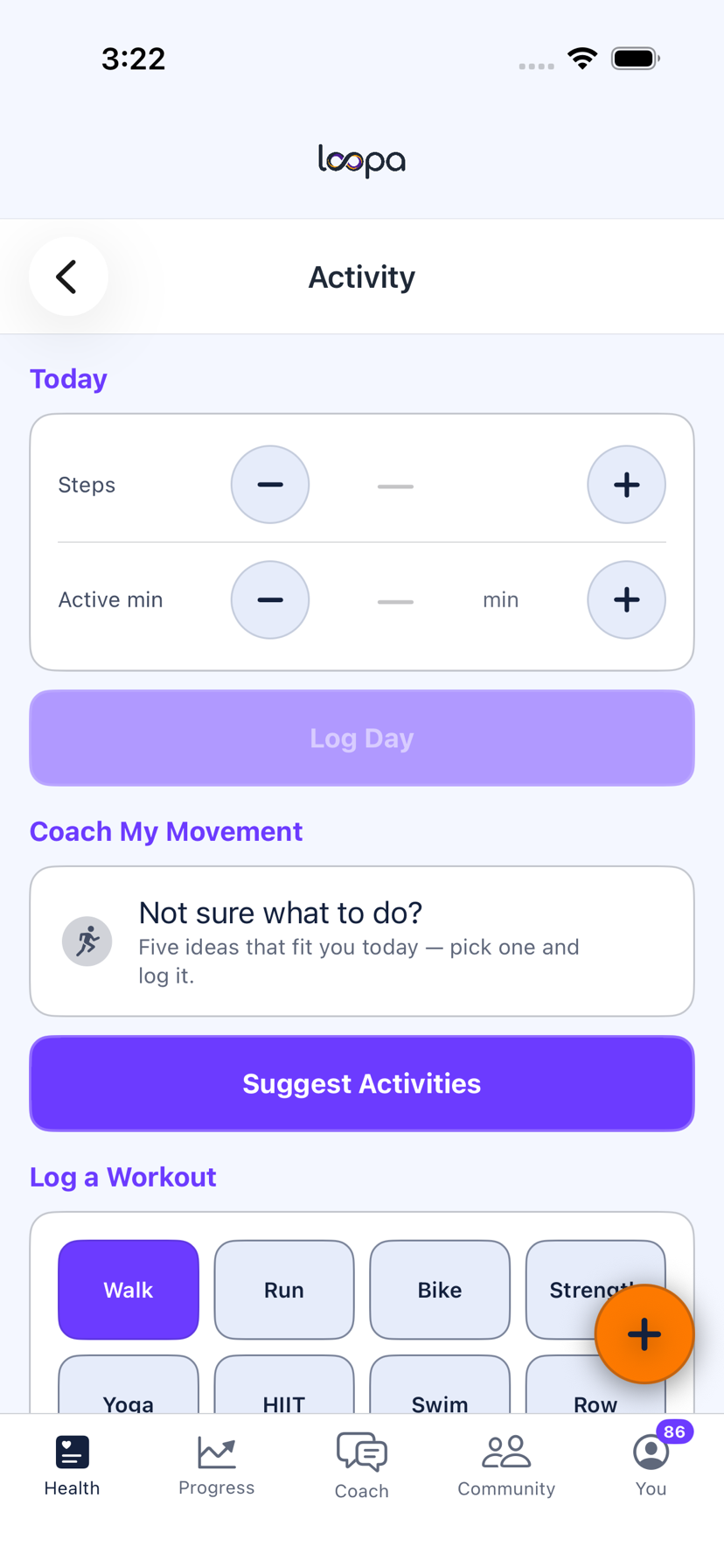 Loopa on iPhone: logging steps, active minutes and workouts