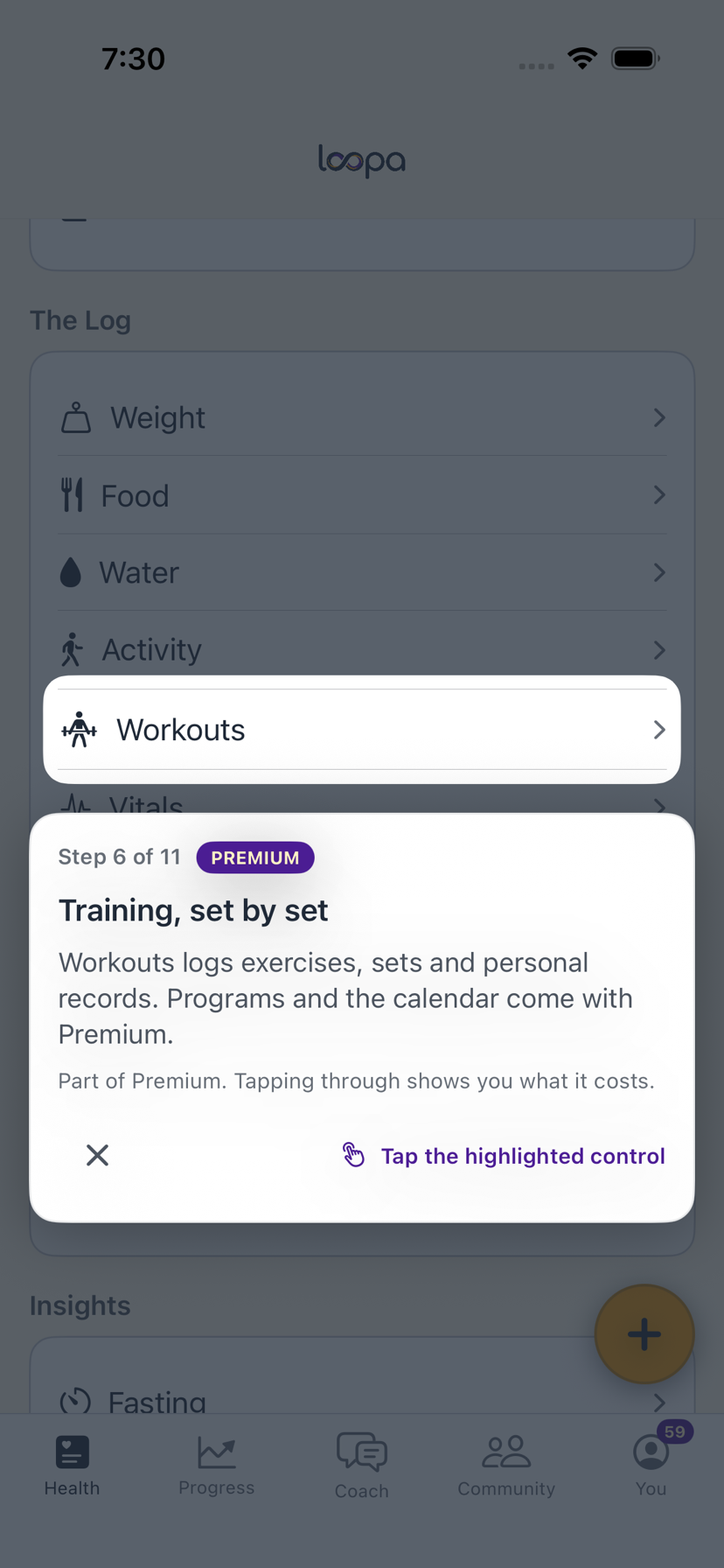 The Loopa app tour on iPhone: the screen is dimmed with a spotlight on the Workouts row, and a card reading Step 6 of 11, Training, set by set, with a Premium badge