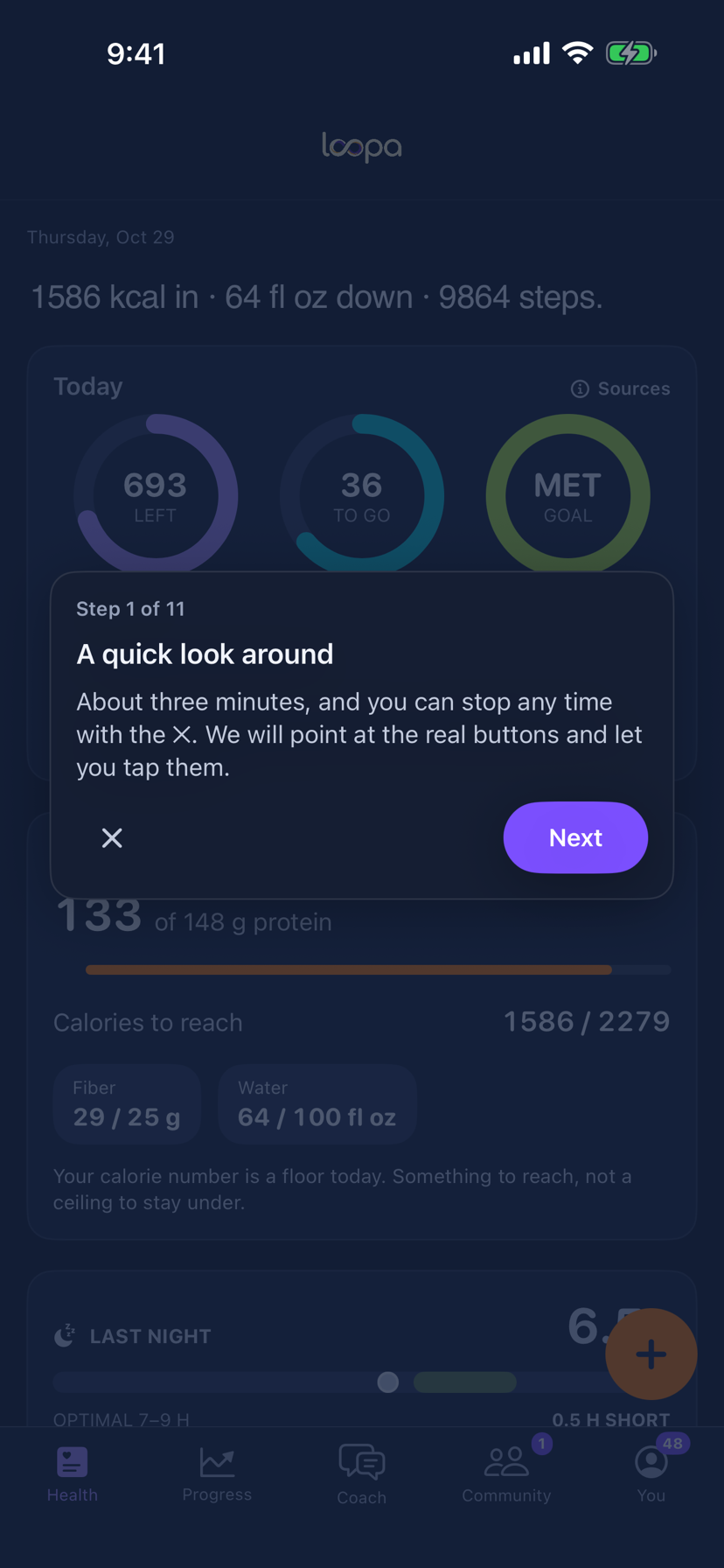 The Loopa app tour on iPhone: the screen is dimmed around the Today summary, with a card reading Step 1 of 11, A quick look around