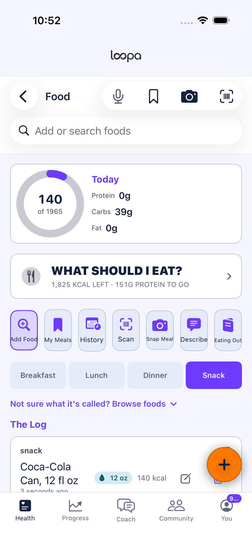 A scanned drink logged in Loopa on iPhone, showing the product, the 12 fl oz serving and its calories in the day’s log