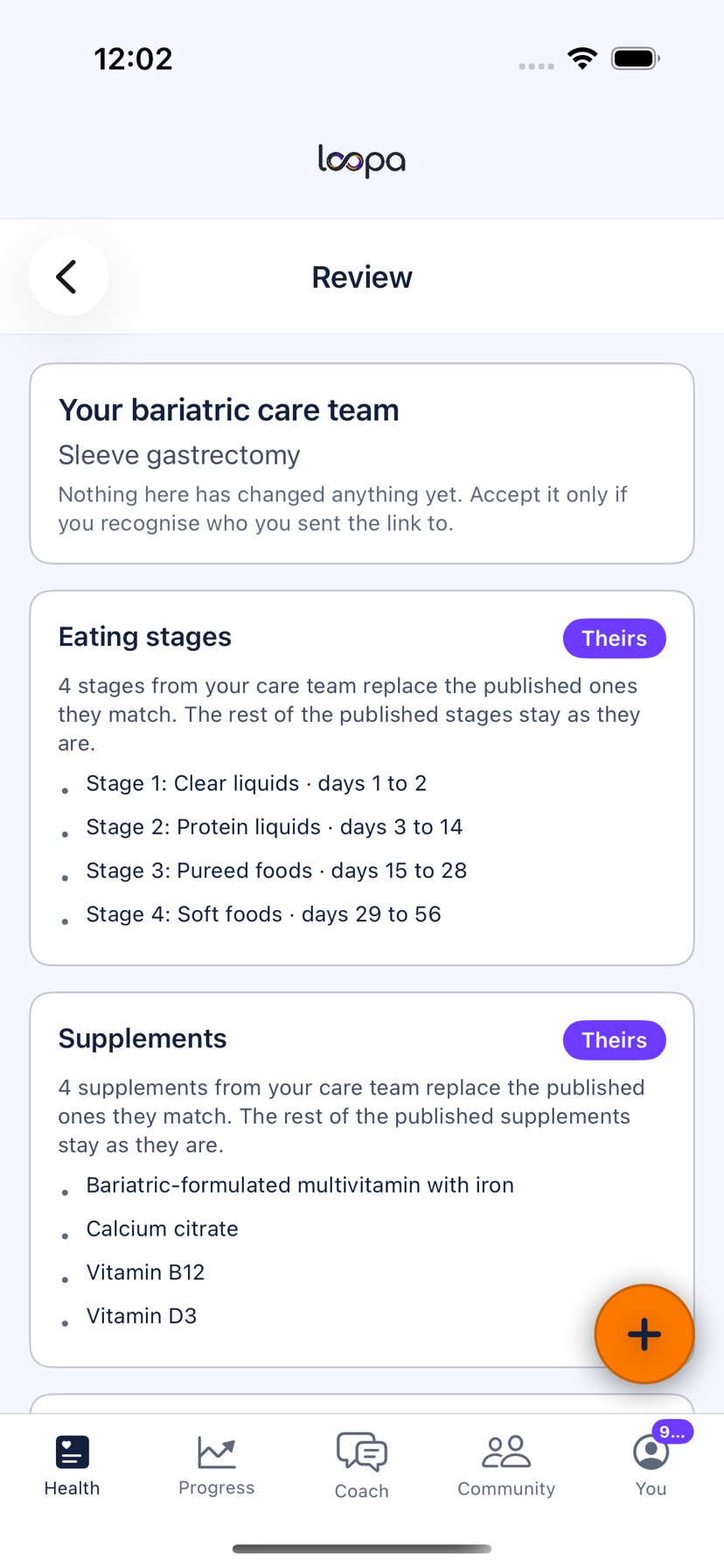 The Review screen in Loopa on iPhone for &ldquo;Your bariatric care team&rdquo;, Sleeve gastrectomy, reading &ldquo;Nothing here has changed anything yet. Accept it only if you recognise who you sent the link to.&rdquo; Eating stages, marked Theirs, lists four stages: clear liquids days 1 to 2, protein liquids days 3 to 14, pureed foods days 15 to 28 and soft foods days 29 to 56. Supplements, marked Theirs, lists a bariatric-formulated multivitamin with iron, calcium citrate, vitamin B12 and vitamin D3