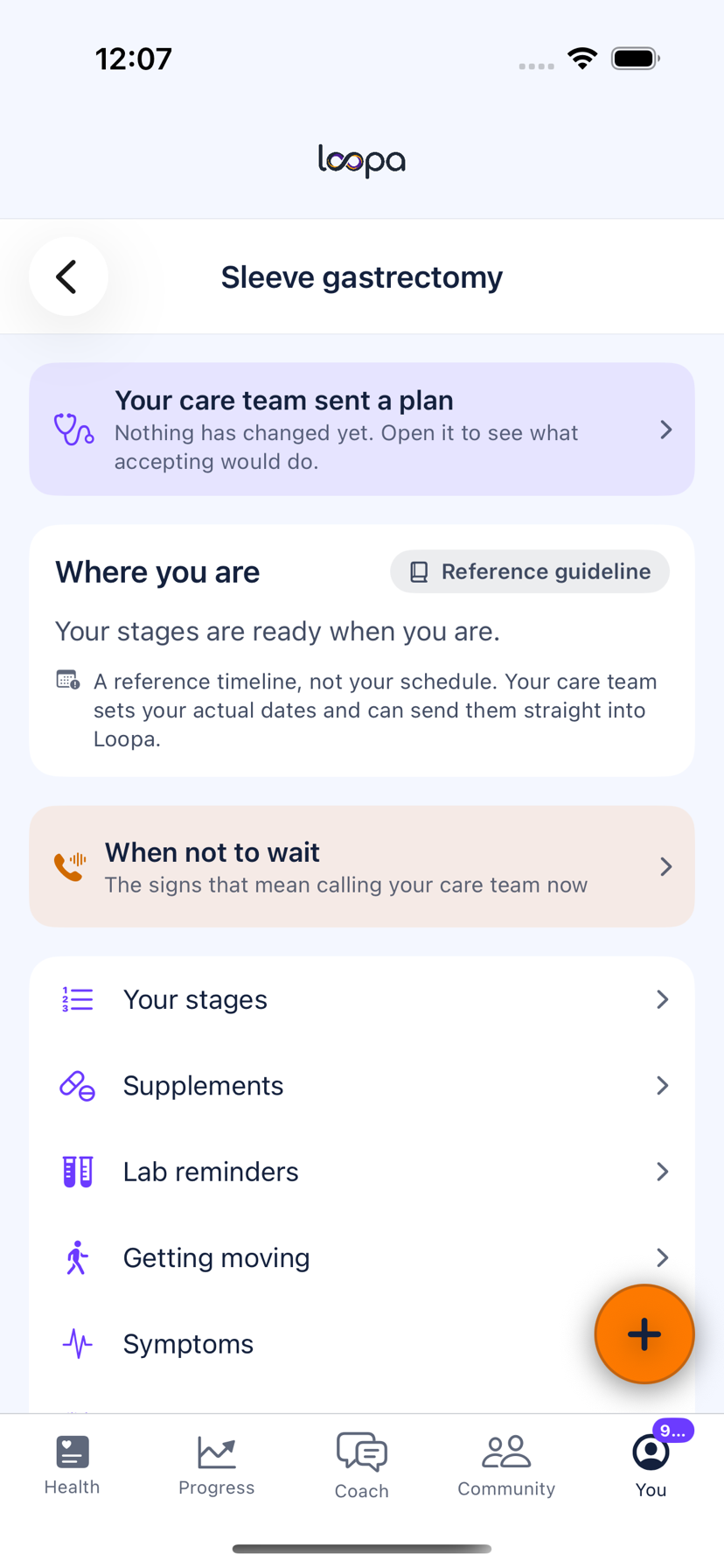 The Sleeve gastrectomy hub in Loopa on iPhone, topped by a card reading &ldquo;Your care team sent a plan. Nothing has changed yet. Open it to see what accepting would do.&rdquo; Below it, the Where you are card is marked Reference guideline and reads &ldquo;A reference timeline, not your schedule.&rdquo;