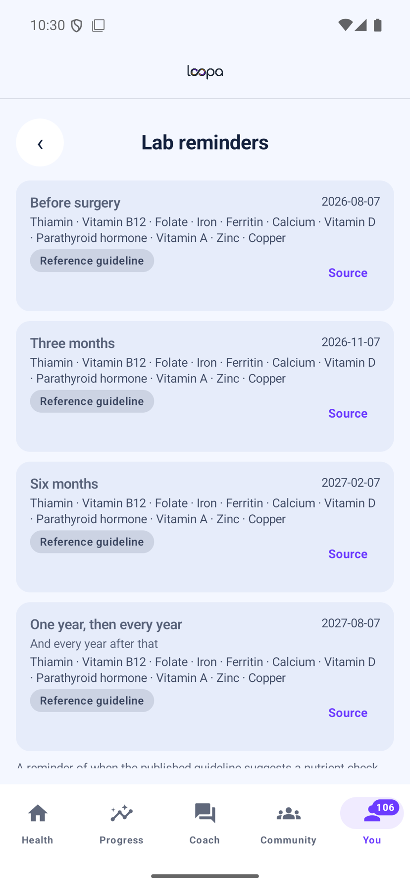 The Loopa lab reminder calendar on Android after a sleeve, listing the follow-up milestones with their dates and the panel to ask for, and no reference ranges