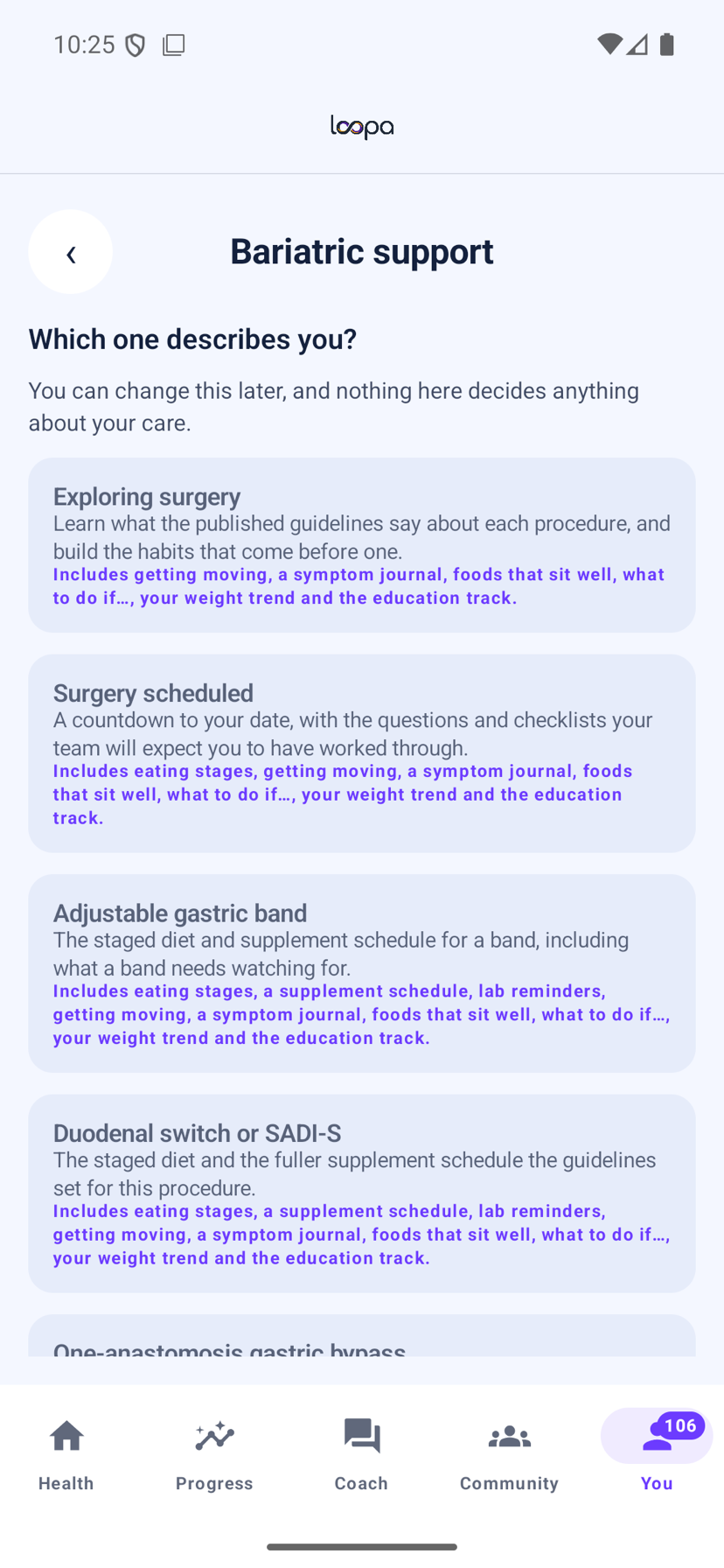 The Loopa track picker on Android, headed Which one describes you, listing the bariatric and weight-management routes with a line under each saying what it includes