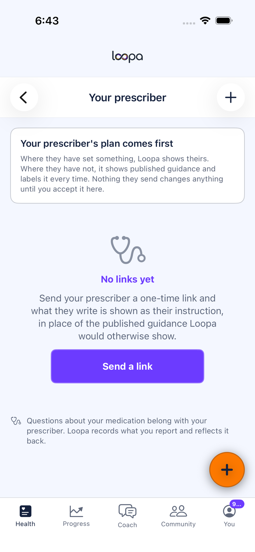 The Your prescriber screen in Loopa on iPhone, headed &ldquo;Your prescriber&rsquo;s plan comes first&rdquo; and explaining that nothing they send changes anything until the member accepts it
