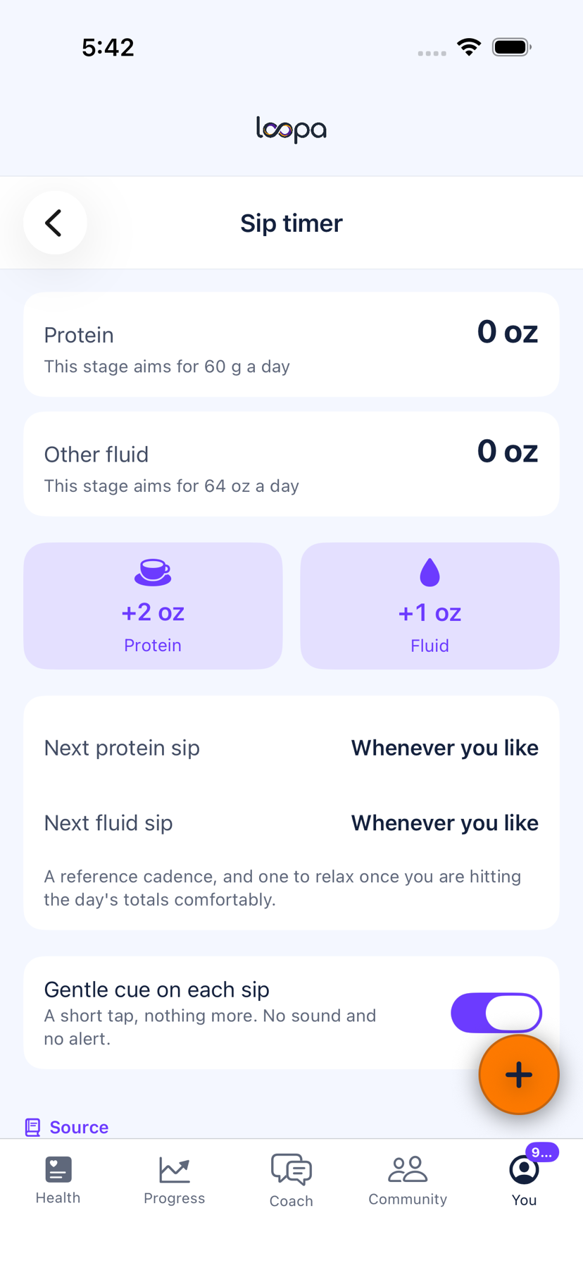 The Loopa sip timer on iPhone during the protein liquids stage after a sleeve, showing the day&rsquo;s protein and other-fluid totals against the stage targets of 60 g and 64 oz, with two-ounce protein and one-ounce fluid buttons and the next sip cadence