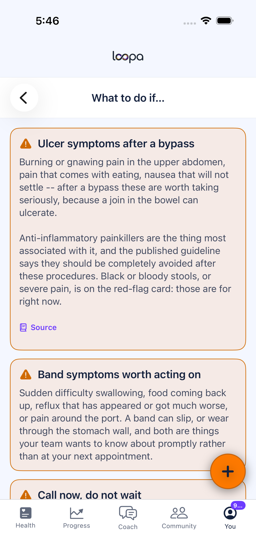 The Loopa What to do if list on iPhone after a bariatric track is set up, headed by the three flagged cards: ulcer symptoms after a bypass, band symptoms worth acting on, and the call-now card