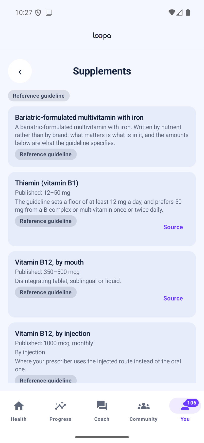 The Loopa supplement schedule on Android after a sleeve, listing each nutrient by name with its published range, a Reference guideline badge and a source link