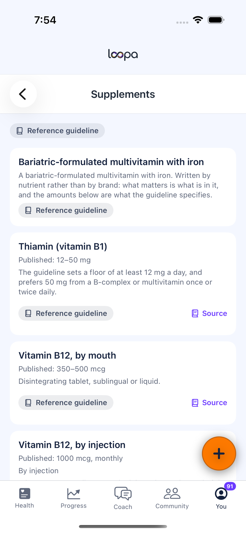 The Loopa supplement schedule after a sleeve, listing each nutrient with its published range and a source link