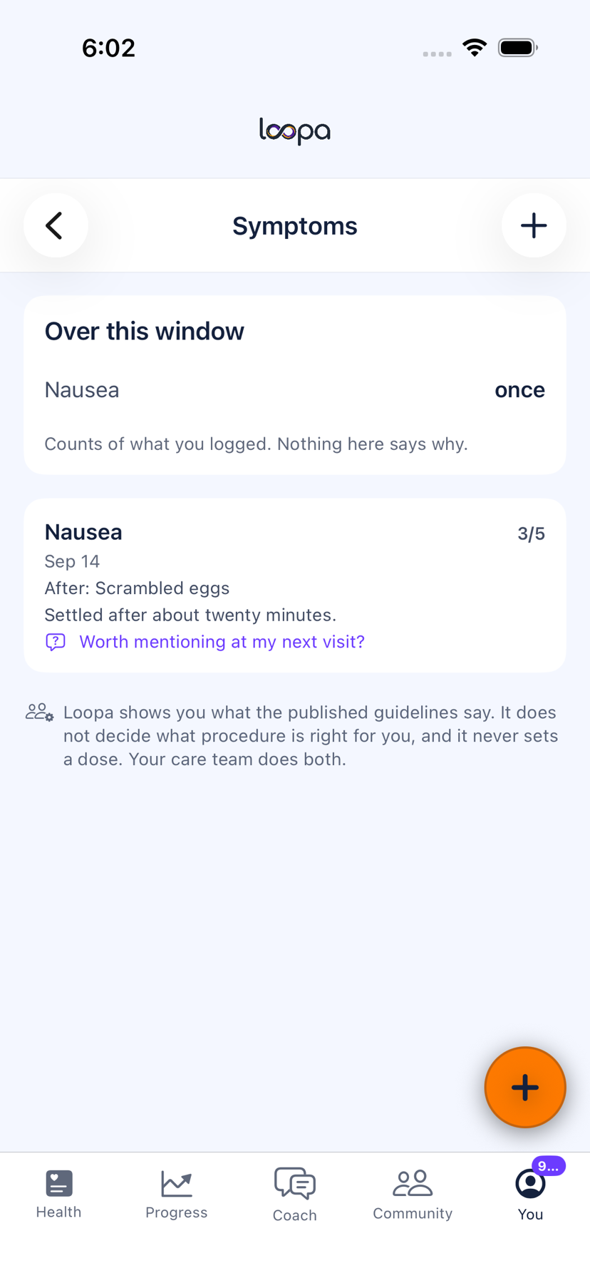 The Loopa symptom journal on iPhone after a sleeve: nausea logged at 3 out of 5 on 14 September, after scrambled eggs, with the member&rsquo;s own note and a question to raise at their next visit