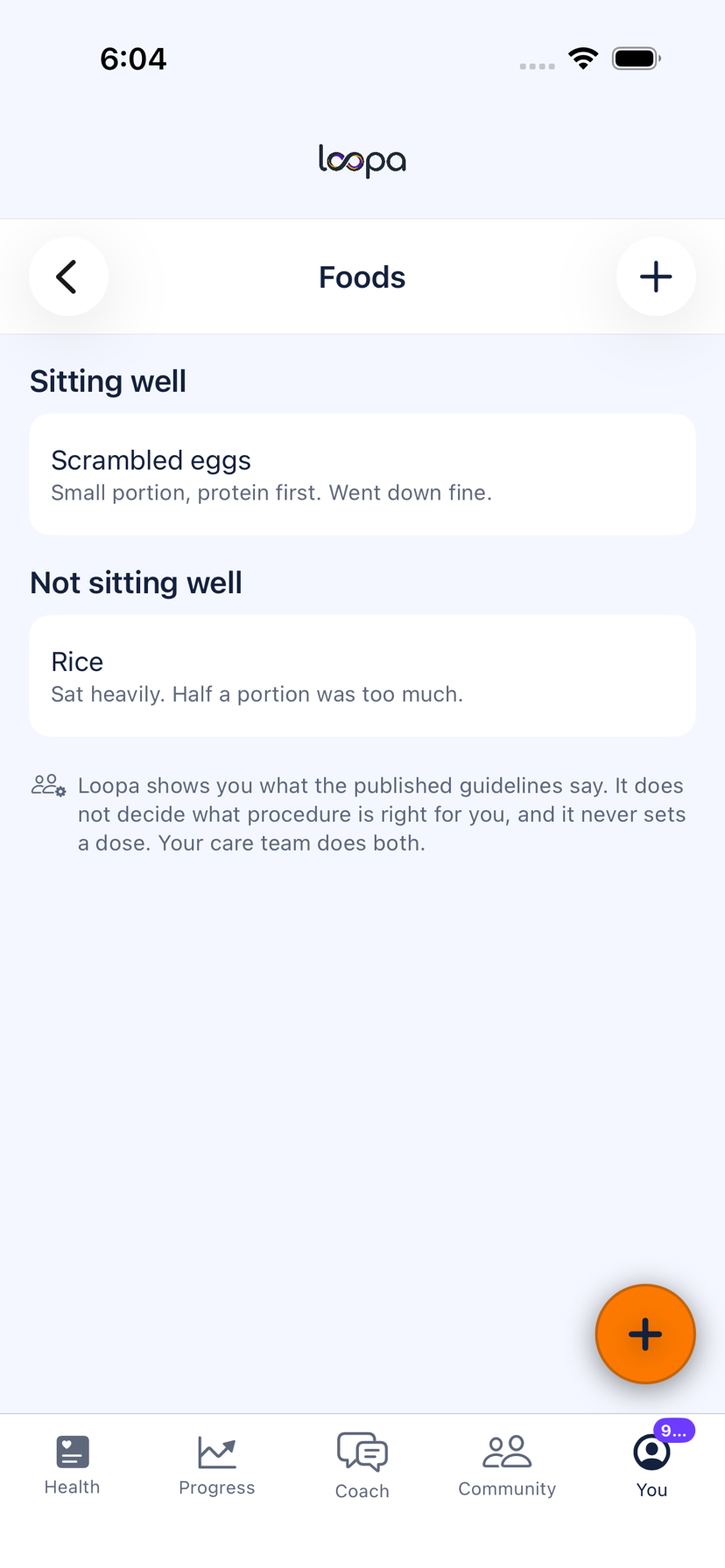 The Loopa foods screen on iPhone after a sleeve: scrambled eggs under Sitting well with the note &ldquo;small portion, protein first&rdquo;, and rice under Not sitting well with &ldquo;sat heavily&rdquo;