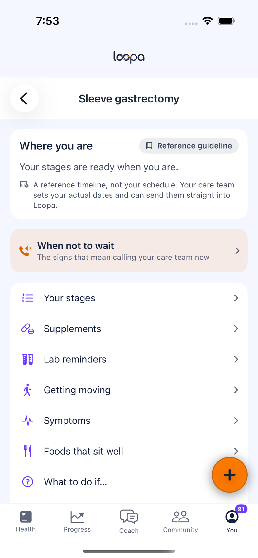 The Loopa bariatric hub on iPhone for a sleeve gastrectomy, showing the current stage, the flags that apply and the way in to stages, supplements and labs