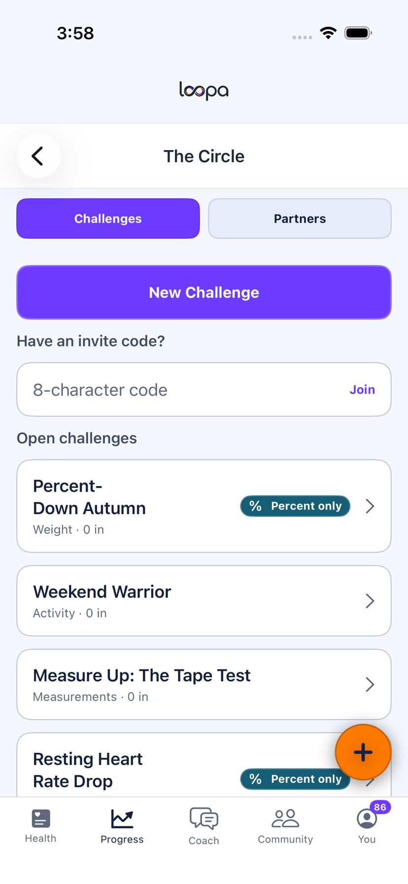The Circle in Loopa on iPhone, showing open challenges and the invite-code field