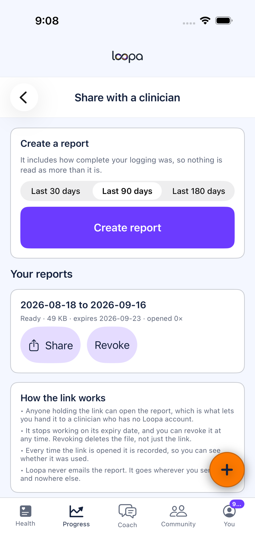Share with a clinician in Loopa on iPhone: a report for the last 30 days marked Ready, with its size, its expiry date and an open count, above Share and Revoke buttons