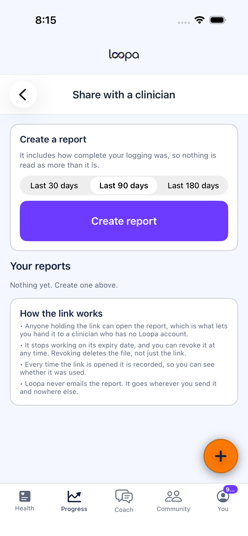 The Share with a clinician screen in Loopa on iPhone, with a choice of reporting period, the Create report button, and how the link works