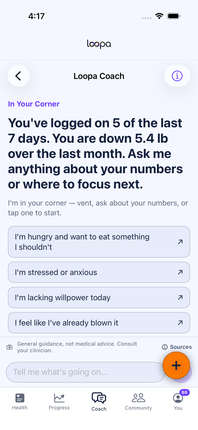 Loopa on iPhone: the Help Me coach screen