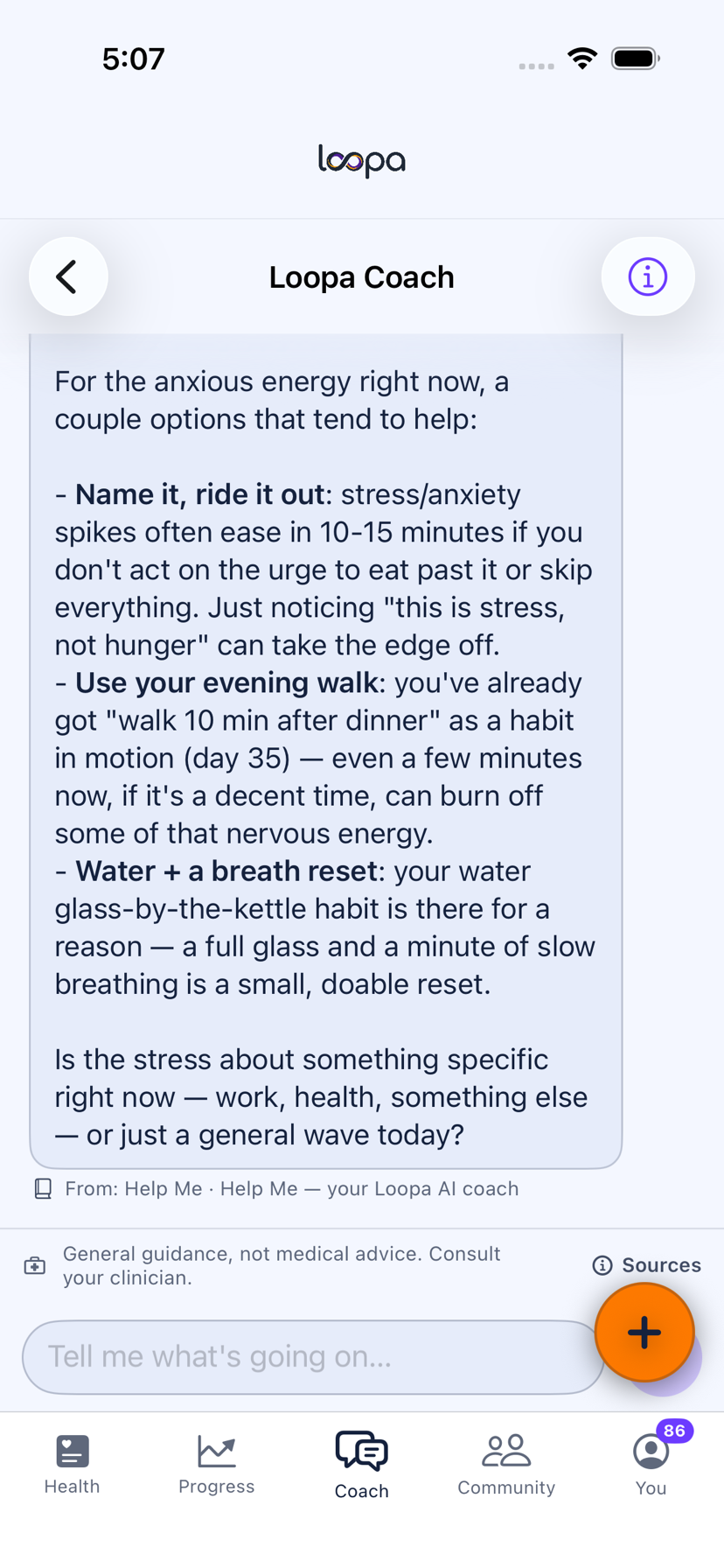 The Loopa AI Coach on iPhone, answering a question with the general-guidance notice beneath it