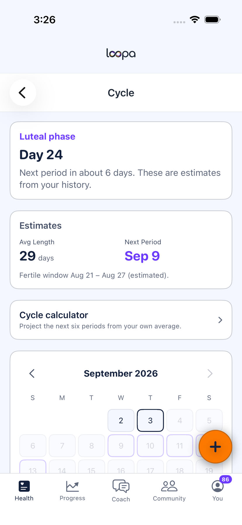 The Loopa cycle screen on iPhone, showing the current phase, the next period estimate and the month calendar