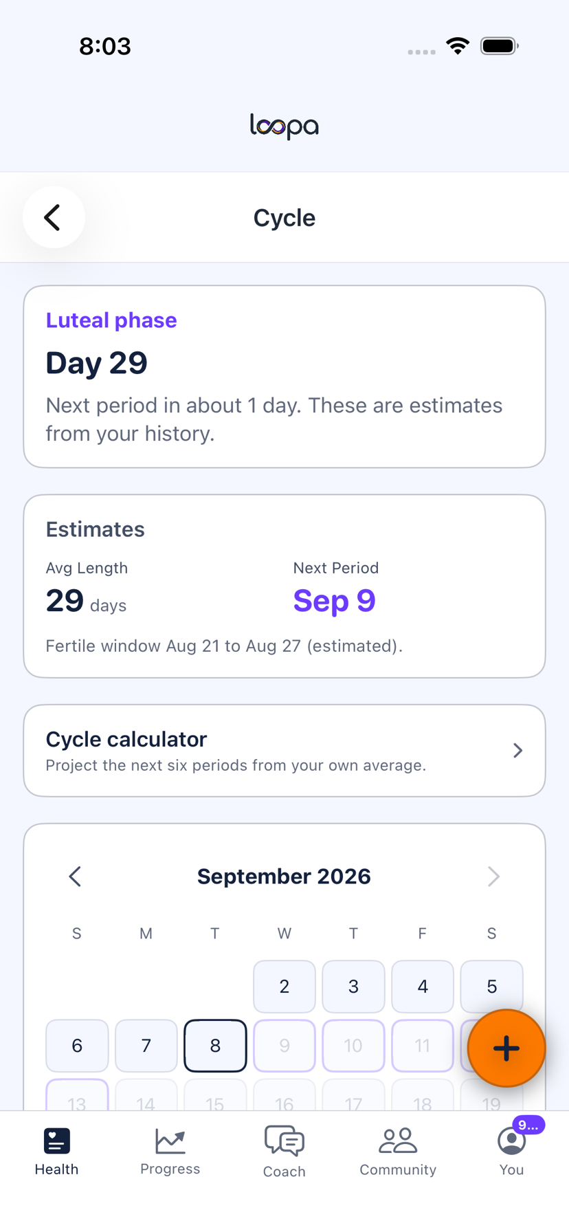 The Loopa cycle screen on iPhone, with a calendar and logged symptoms