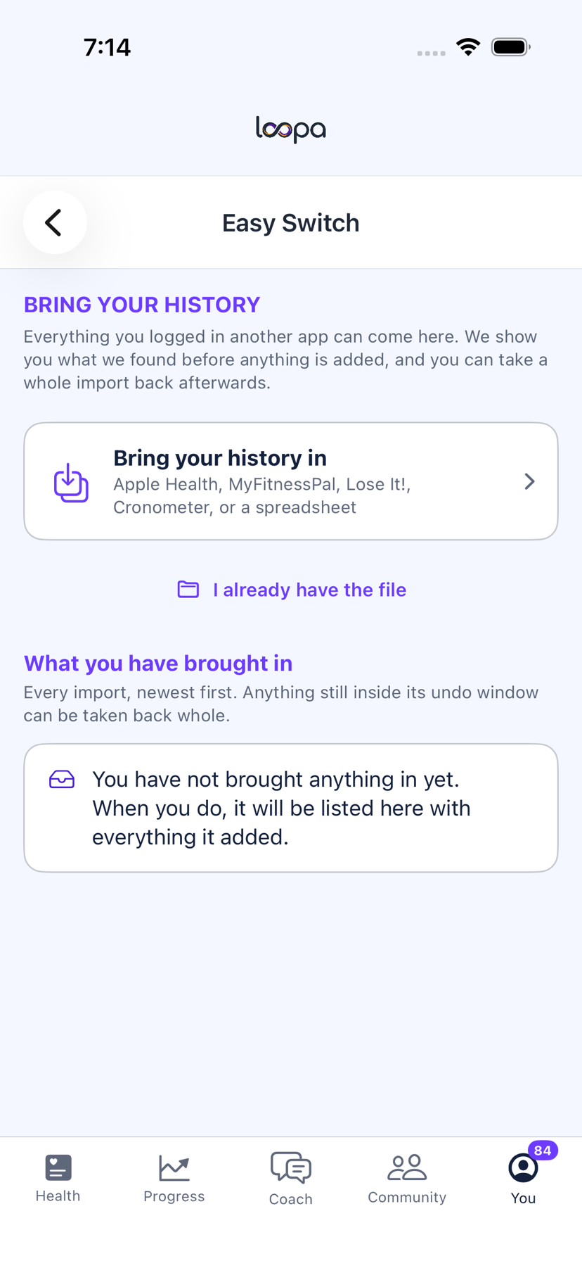 The Loopa More tab on iPhone with Easy Switch in the Your health section