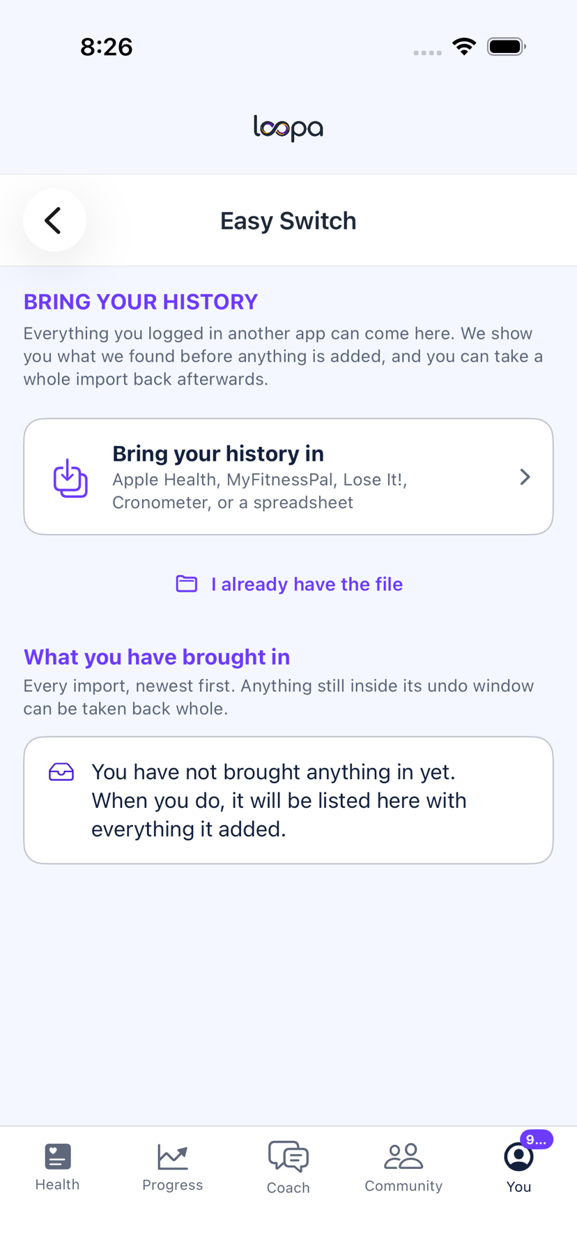 The Loopa You tab on iPhone with Easy Switch in the Your health section